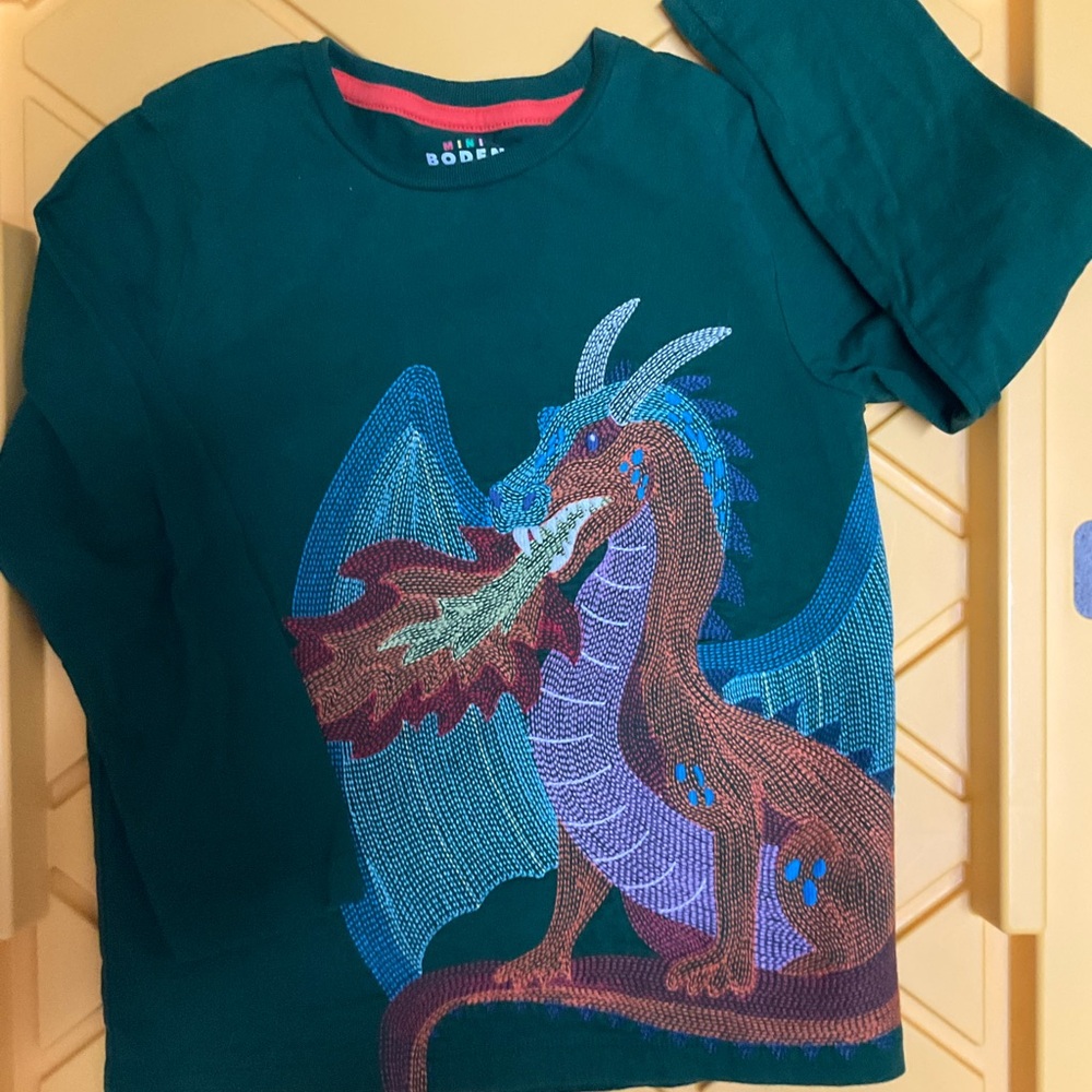 NWOT Mini Boden embroidered stripy Teal Dragon Long Sleeve Tee